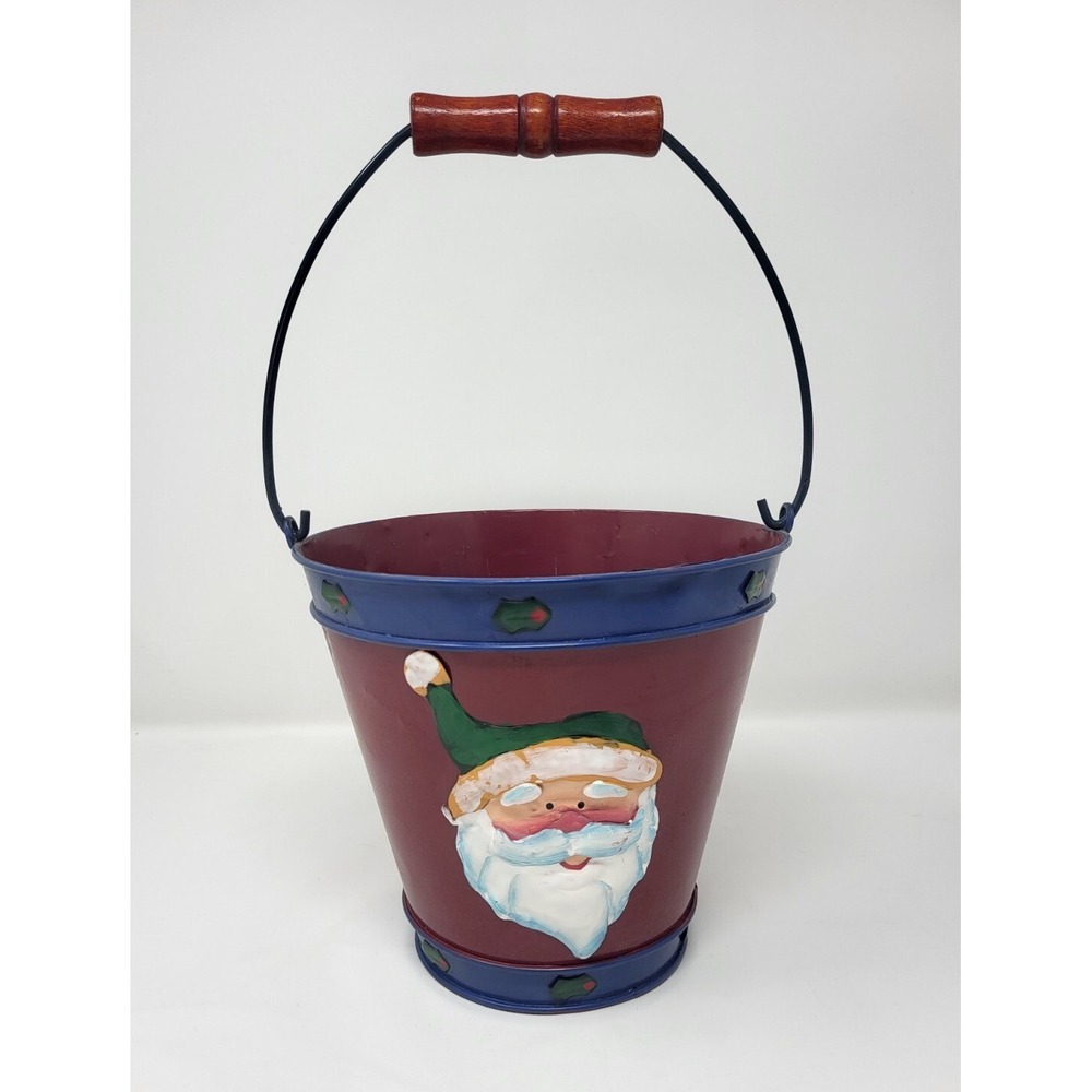 Santa Claus 3D Metal Bucket‎ Tin Planter with Handle Christmas
